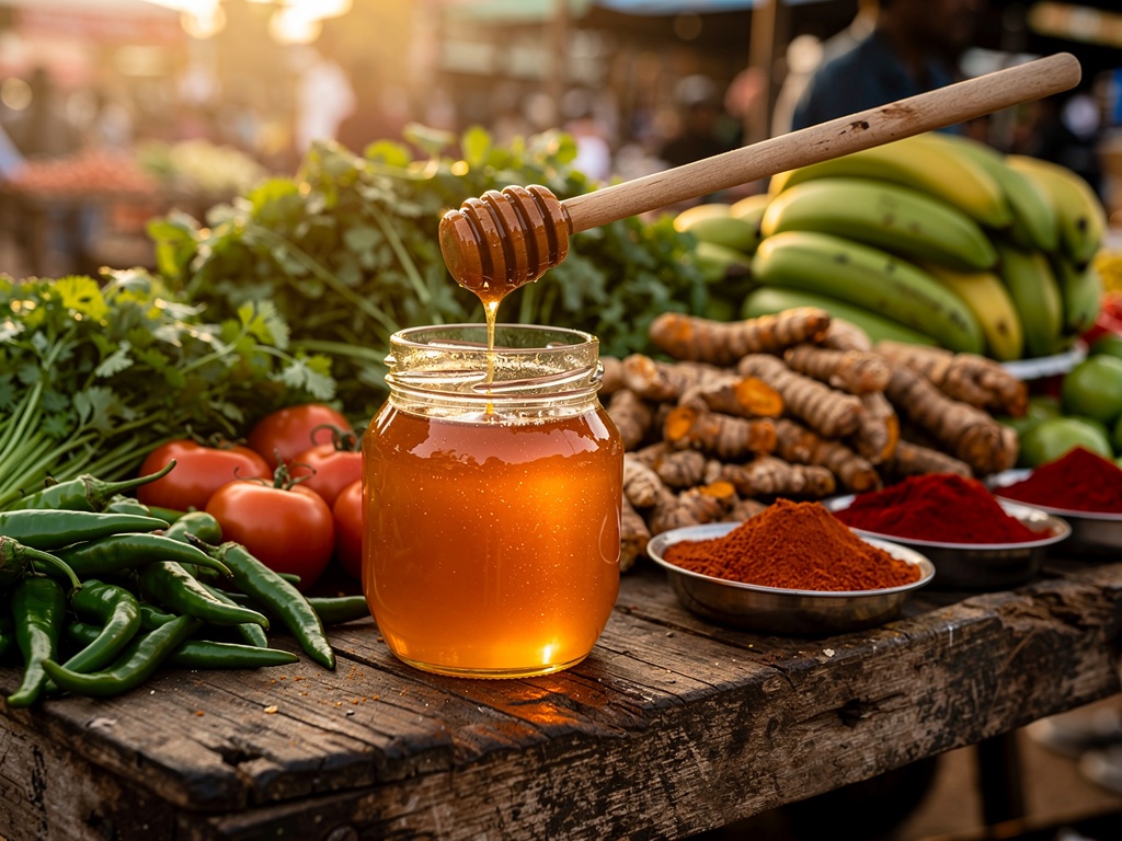Glass jar of golden honey on a rustic market stall in Tamil Nadu