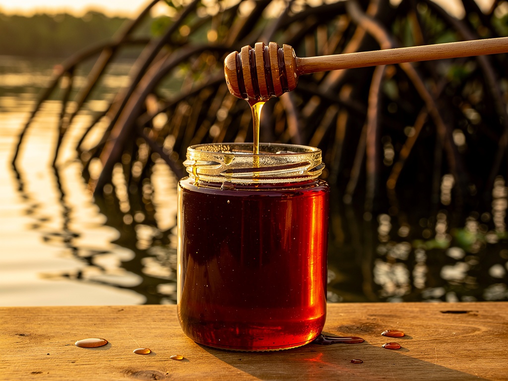 Dark Sundarban mangrove honey jar with a wooden dipper