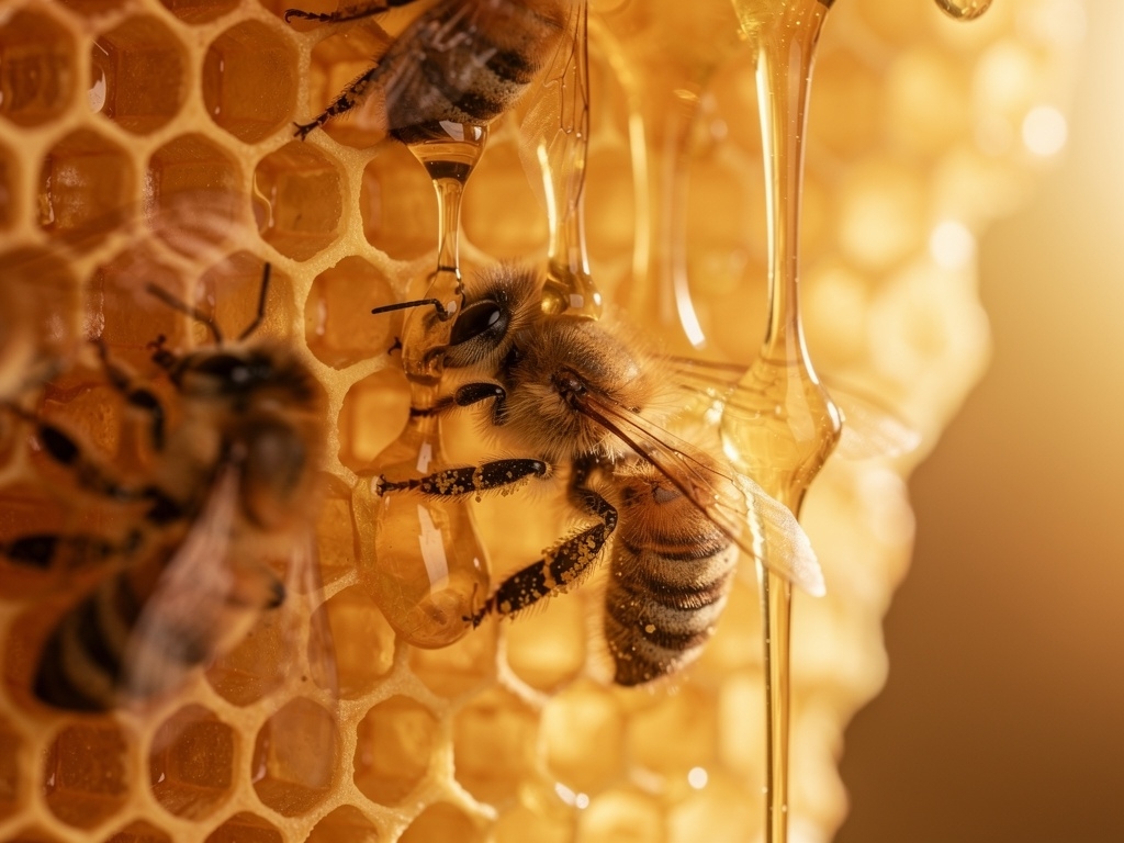 Golden honeycomb dripping with fresh honey