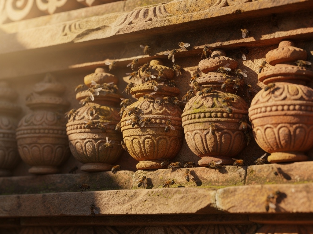 Ancient Indian stone carving depicting bees and honey