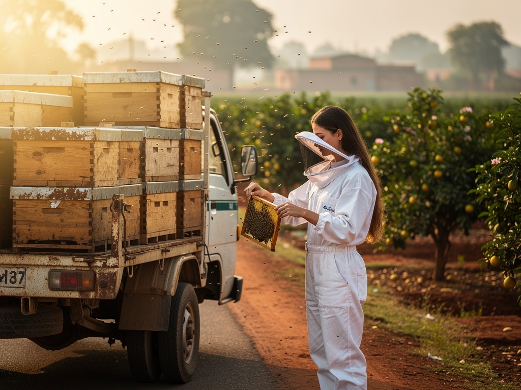 Migratory beekeeping: truck loaded with beehives beside a flowering orchard