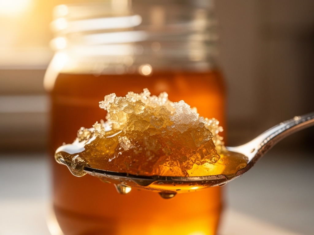 Spoon of naturally crystallized honey
